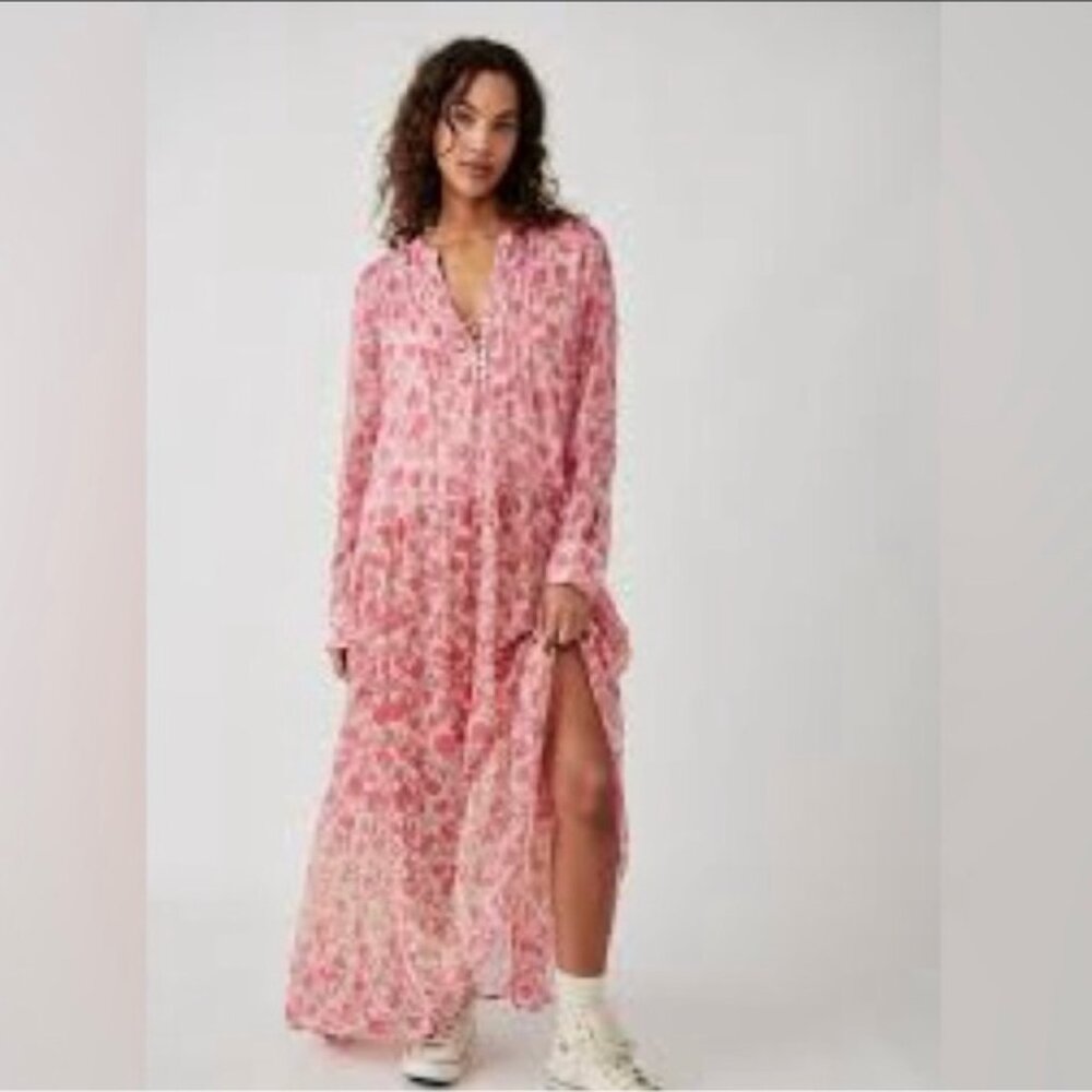 Free People See It Through Maxi Dress BNWT Pink Floral Sheer Long Sleeve Size S